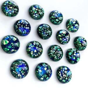 2x Blue Opal Glass Cabochons 15mm, Iridescent Round Flatback, Green Dragons Breathe Stone, Vintage Czech Cabochon, Foil Backed Stones 1.5cm