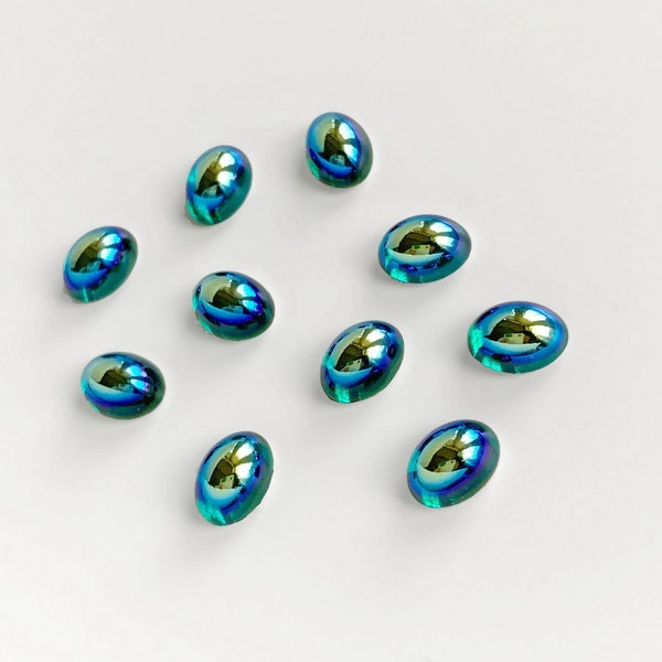 5x Swarovski Cabochon 8mm x 6mm Emerald AB Flatbacks, Green Oval Cabochons, RARE Glass Cabochon Code 2090/4, Green Glass Cabochon