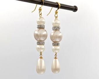 Vintage Pearl Earrings, Long Dangly Earrings, Ivory & Cream Faux Pearls, Chunky Pearl Earrings, Art Deco Style Rhinestone Earrings