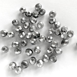 30x Czech Fire Polished Beads 8mm, Silver Firepolished Glass, Silver Coated Faceted Glass Beads, Antiqued Silver Beads, Steam Punk Beads