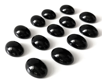 6x Black Glass Cabochons 18mm x 13mm, Black Glass Oval Stones, Black Oval Flatback 18mm, Plain Jet Opaque Glass, High Dome Glass Cabochon