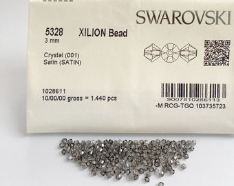 40x Cuentas de Cristal Swarovski Satinadas de 3 mm, Swarovski Bicones 5328, Cuentas de Cristal Bicono Gris Plata, Cuentas Bicono de 3 mm, Swarovski Bicone Gris 3 mm