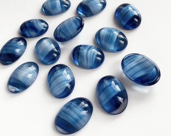 2 cabochons ovales en verre bleu 25 mm x 18 mm, pierres en verre porphyre bleu, dos plat bleu rayé, dos plat saphir vintage, cabochon ovale 1 pouce