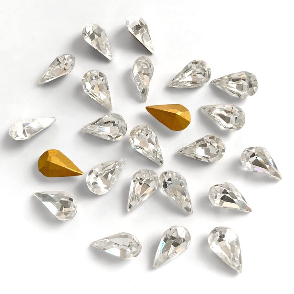 8x Czech Crystal Clear Pear Rhinestones, Clear Fancy Pear Shape, Foiled Pointy Back Clear Chaton, Teardrop Rhinestone 13mm x 8mm