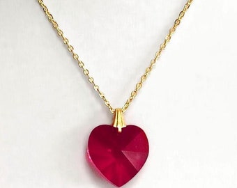 Swarovski Crystal Heart Necklace, Dark Red Heart Charm Necklace, 16" Gold Plated Chain, Chunky Red Love Heart, Red Crystal Heart