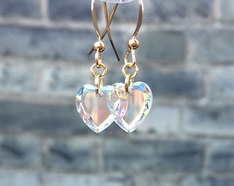 Swarovski Crystal AB Heart Earrings, Small Drop Crystal Earrings, Clip-On OR Pierced Dangly Heart Earrings, Gold Earrings, Gold Plated