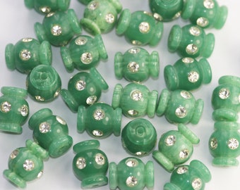2x Vintage Art Deco Beads 14mm, Italian Lucite & Crystal Plastic Beads, Vintage Green Beads, Amphora Shape RARE Old Beads, Rhinestone Beads