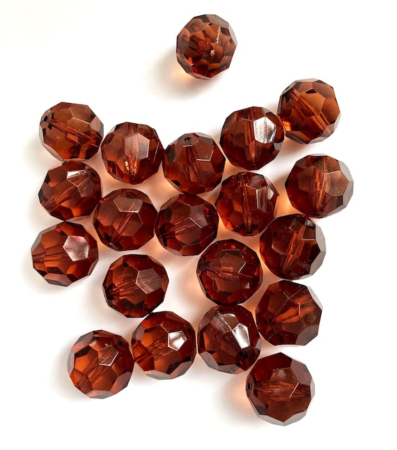 12x Chunky Faceted Beads 18mm, Vintage Lucite Beads, Round Brown Cut Beads, Clear Brown Beads, Acrylic Beads 18mm, Transparent Plastic Beads