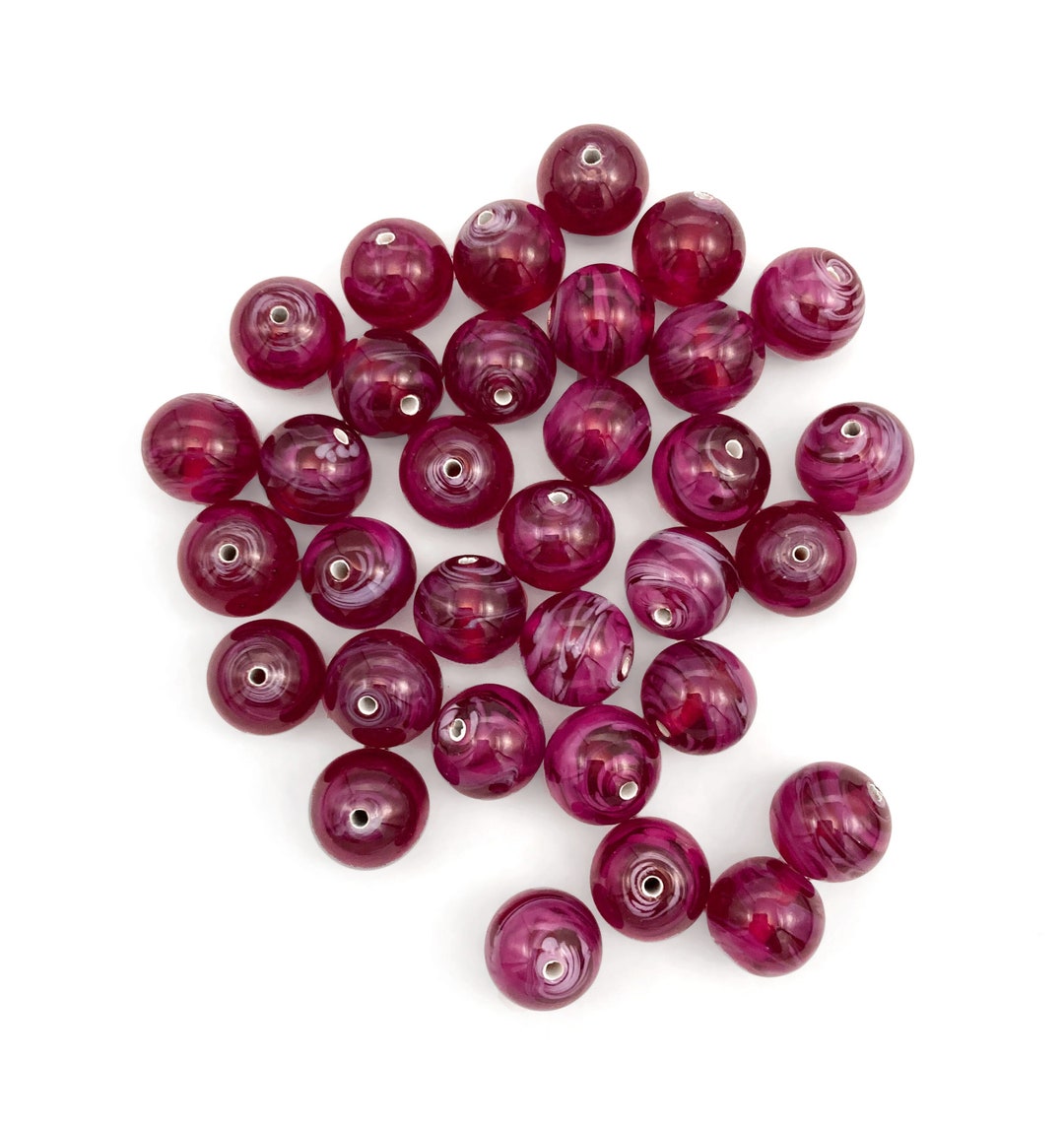 8x Ruby Red Glass Beads, Czech Lampwork Beads 12mm, Dark Pink Oval Beads, Swirl Glass Beads