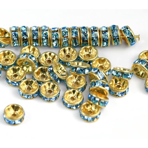 8x Genuine SWAROVSKI Crystal Aquamarine 6mm Rondelle Spacer Beads, Triple Gold Plated Metal Rondelles Blue Rhinestone Spacers Code 77506