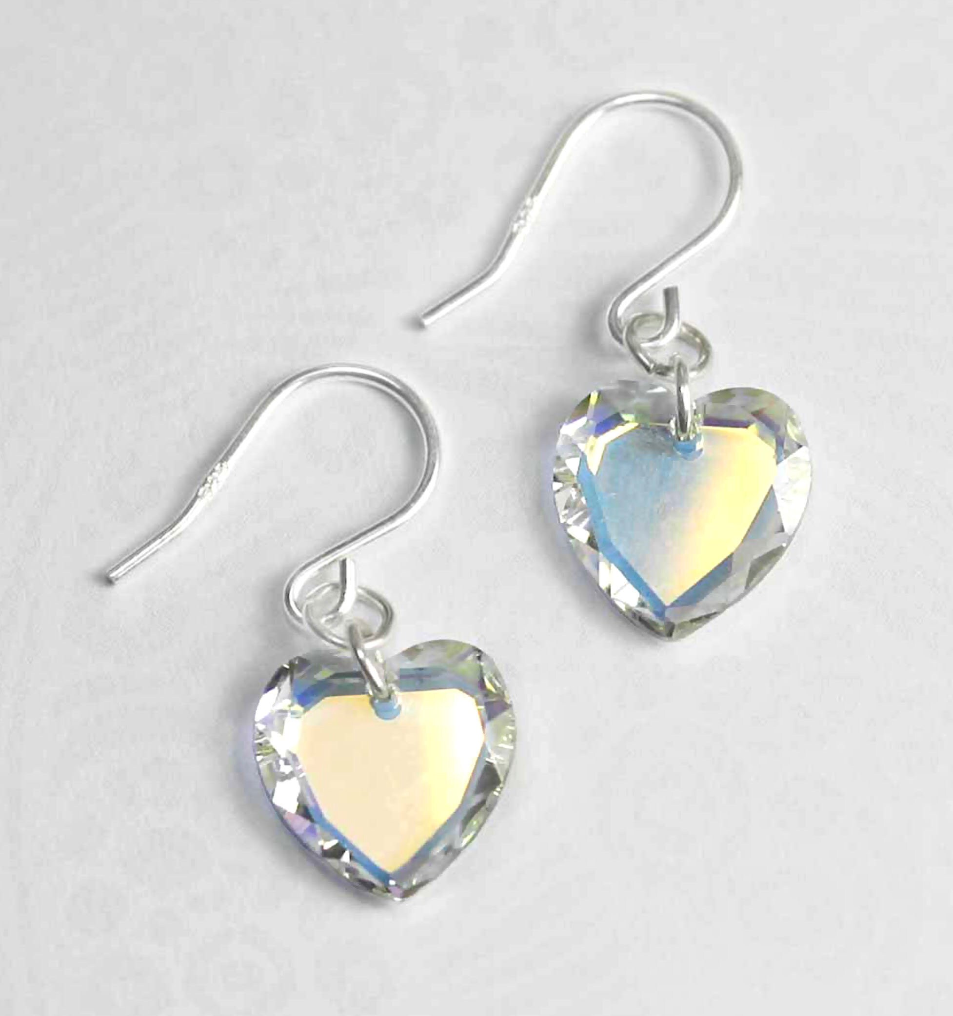 Swarovski Crystal Earrings, Crystal AB Hearts, Sterling