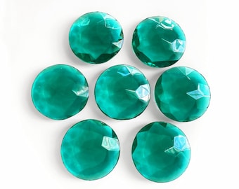 4x Emerald Glass Faceted Stone, 25mm Round Green Stone, 1 Inch Vintage Transparent Unfoiled Pointy Back