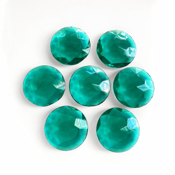 4x Emerald Glass Faceted Stone, 25mm Round Green Stone, 1 Inch Vintage Transparent Unfoiled Pointy Back