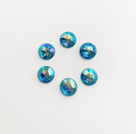 6x Vintage Blue AB Stones, Faceted Round Glass Flatback, 18mm