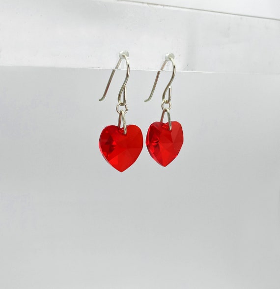 Silver Ruby Red Heart Earrings