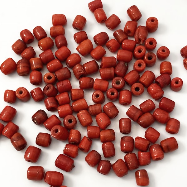 10g Small Vintage Glass Beads, Indian Beads, Red Glass Beads, 4mm Tube Beads, Tribal Ethinic Beads, Lampwork Glass Beads, Brown Glass Beads