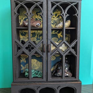 Customize it - Gothic Curio Cabinet: Black Wood Witchy Decor Shelf with Pressed Linen Paper Backing