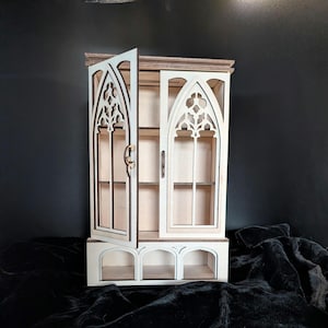 May include: A wooden cabinet with an open door, featuring an arched window design. The cabinet has two shelves inside and three arched cutouts at the base. The wood is light-colored with darker brown trim, set against a dark background.