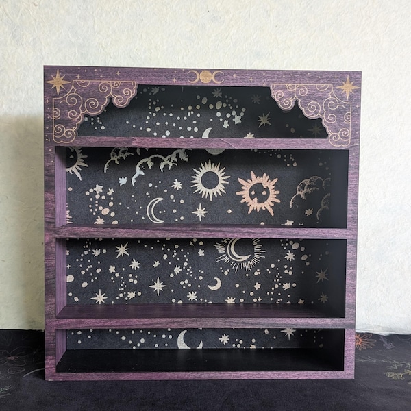 Handcrafted Wooden Celestial Moon Phase Shelf, Gothic Apothecary Display