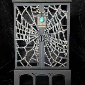 Spiderweb Curio Cabinet, Gothic Altar Shelf for Apothecary & Crystal Display, Witchy Decor, Removable Shelves
