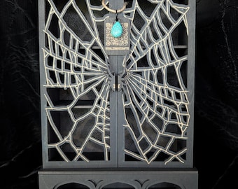 Spiderweb Curio Cabinet, Gothic Altar Shelf for Apothecary & Crystal Display, Witchy Decor, Removable Shelves