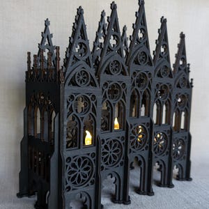 Gothic Cathedral Lantern: Black Wood Witch Altar Decor, Book Nook Centerpiece
