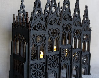 Gothic Cathedral Lantern: Black Wood Witch Altar Decor, Book Nook Centerpiece