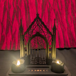 Gothic Cathedral Tarot Card Stand & Candle Holder - Witchcore Altar Decor with Moon Phases