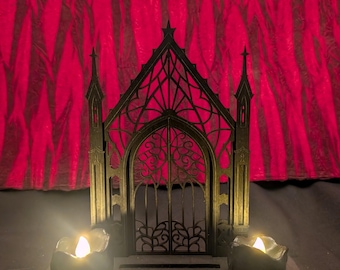 Gothic Cathedral Tarot Card Stand & Candle Holder - Witchcore Altar Decor with Moon Phases