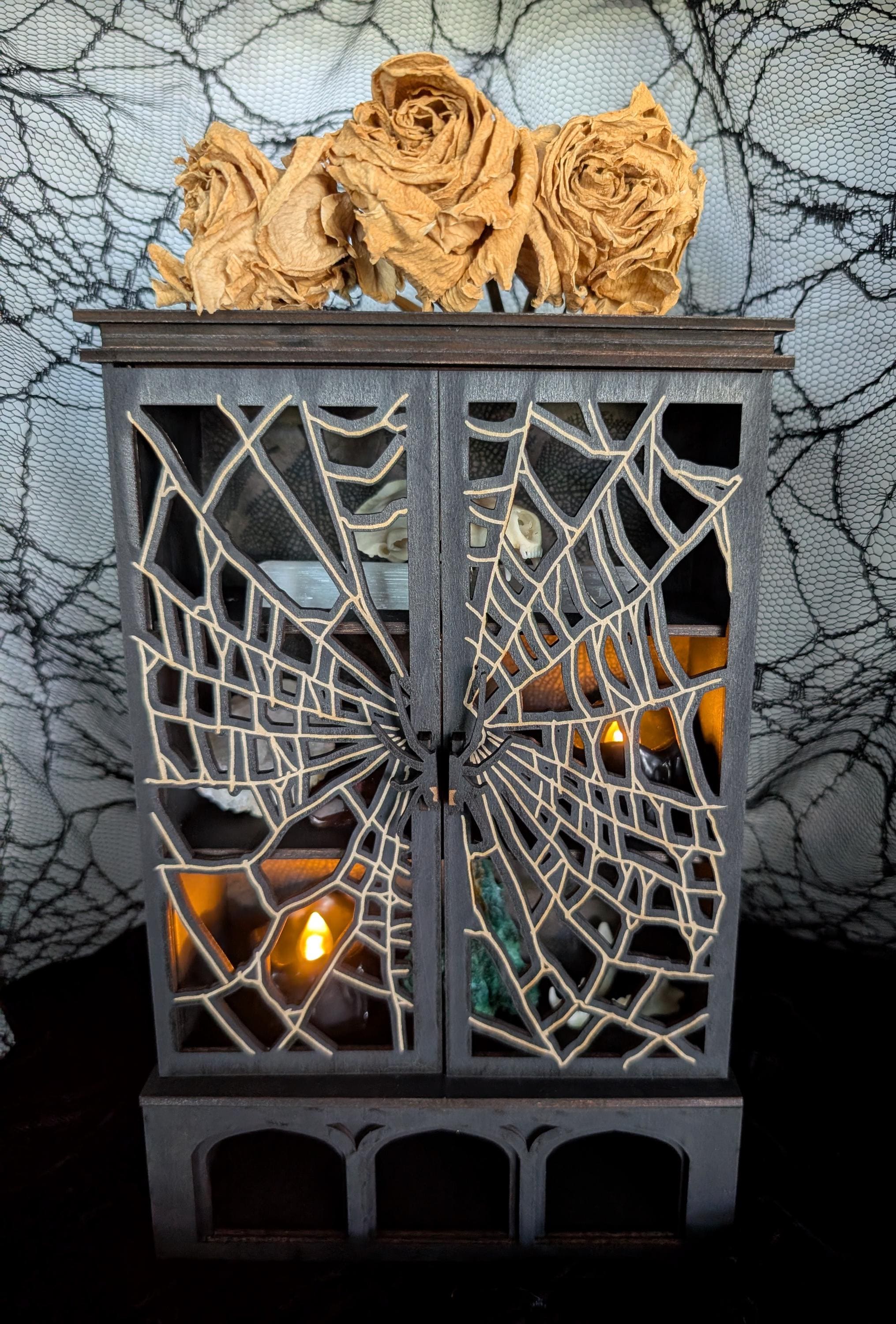 Spiderweb Customizable Curio Cabinet, Gothic Altar Shelf for Oddities & Crystals, Halloween Decor