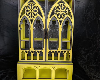 Neon Chartreuse Gothic Curio Cabinet – Yellow Apothecary Potion Shelf with Black Mica Flake Backing