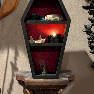 May include: A black coffin-shaped shelf with three levels, displaying a cat skull, jawbone, and a lit black candle. The interior is lined with red floral fabric. A small glass jar and green velvet are also visible. The shelf is mounted on a wooden shelf.