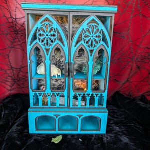 Electric Blue Gothic Curio Cabinet: Witch Altar Shelf, Spooky Decor