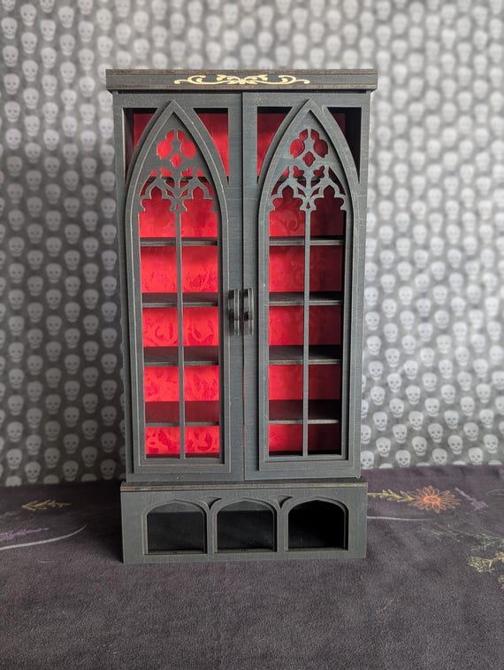 12" Tall Gothic Curio Cabinet, Vampire Wall Display Shelf, Black Witch Apothecary Storage
