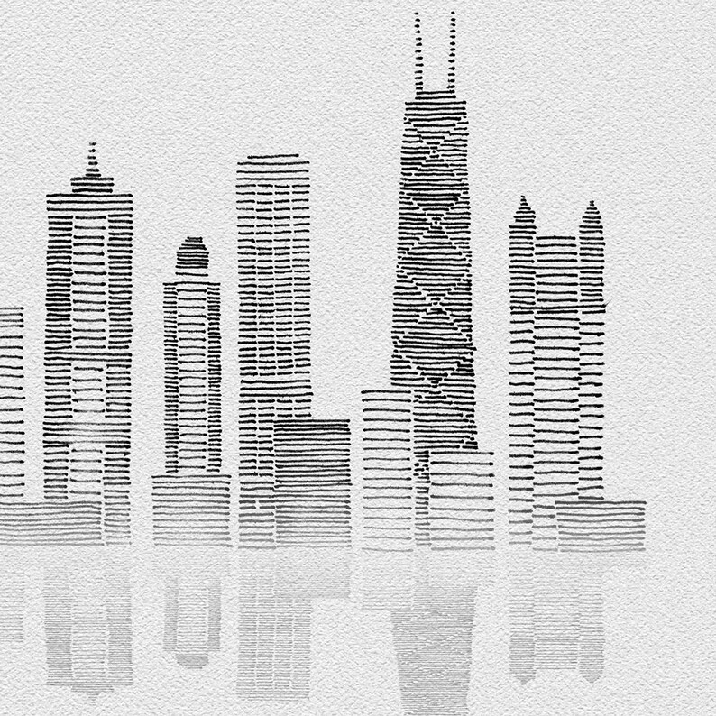 Chicago skyline art printable Hand drawn city illustration | Etsy