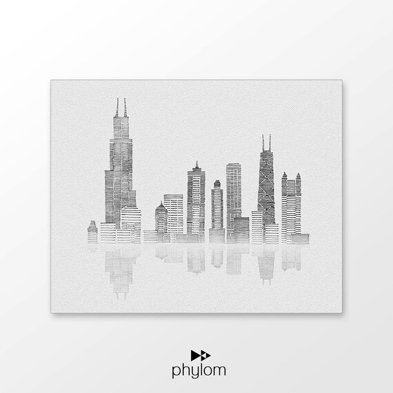 Chicago skyline art printable Hand drawn city illustration | Etsy