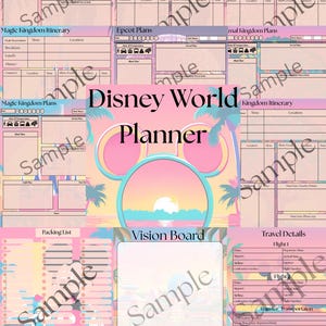 Puede incluir: Un planificador colorido de Disney World con varias páginas de planificación. El planificador incluye secciones para itinerarios, listas de embalaje y detalles de viaje. La portada presenta una silueta de Mickey Mouse con las palabras "Disney World Planner."