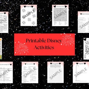 May include: A collection of printable Disney activities, including mazes, word searches, and scavenger hunts. The activities are displayed on white paper with black text and Disney-themed graphics. The background is black with confetti.