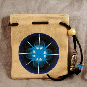 Leather Suede Bag, hand-painted design, Drawstring Bag, Jewelry Pouch, Dice Bag.
