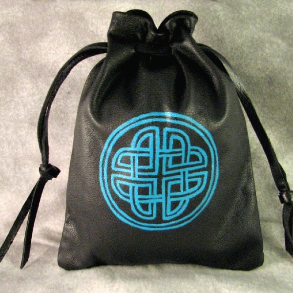 Black Leather Bag, Hand Painted Teal Green Celtic Knot, Drawstring Bag, Jewelry Pouch, Makeup Bag, Dice Bag, Coin Purse