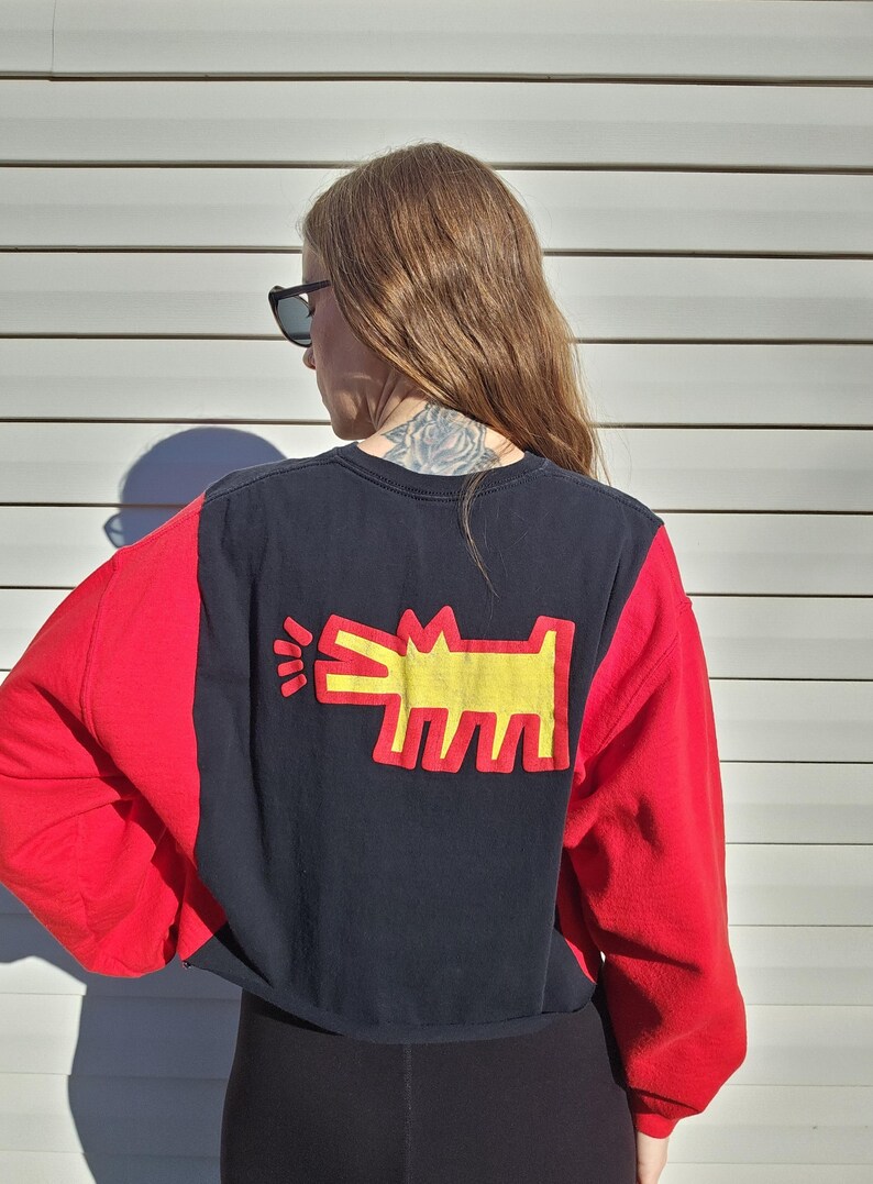 Puede incluir: Una sudadera recortada con un dise&ntilde;o de bloques de color. Las mangas son rojas y el cuerpo es negro con un gr&aacute;fico de perro amarillo y rojo en la espalda. La sudadera es usada por una persona.