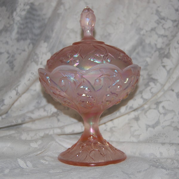 Fenton Glass Pink Pearlized Large Covered Lily of the Valley Compote