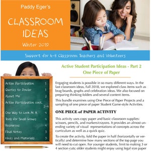 May include: A classroom resource guide with the title "Classroom Ideas" and the subtitle "Winter 2019". The guide is for K-8 teachers and volunteers and includes ideas for active student participation, quotes to ponder, and one piece of paper activities. The guide is illustrated with a photo of a young girl and a woman looking at a book.