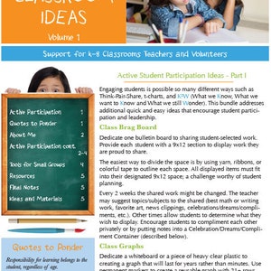 May include: A black and white classroom ideas booklet with the title "Classroom Ideas" and "Volume 1" on the cover. The booklet is open to a page with the title "Active Student Participation Ideas - Part I" and includes tips for engaging students in the classroom.