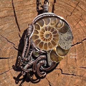 May include: A pendant featuring a spiral ammonite fossil encased in intricate copper wire wrapping. The fossil displays brown and tan chambers with a small green gemstone accent. The piece hangs from a copper chain and includes the text Tobe Rose.
