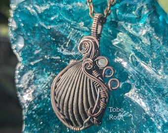 Seashell Copper Wire Wrapped Pendant: Moonstone & Blue Zirconia