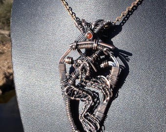Wire Wrapped Alien Pendant Necklace: Copper Carnelian Jewelry