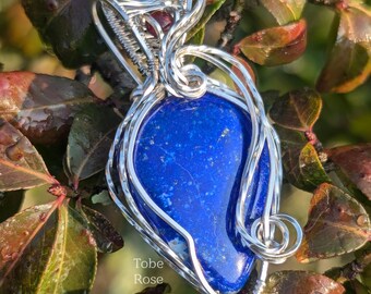 Lapis Lazuli Garnet Sterling Silver Pendant - Wire Wrapped Jewelry