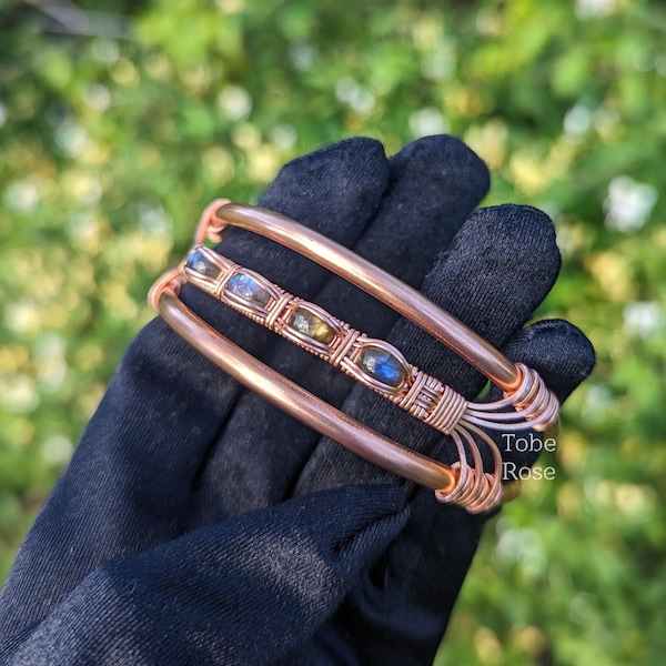 Labradorite Copper Wire Wrapped Bracelet - Size 7 - Adjustable Bracelet - Gemstone Bracelet - Handmade Jewelry - For Him - Gift