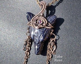 Blue Sandstone Wolf Pendant: Copper Wire Wrapped Pendant Necklace with Hot Pink Cubic Zirconia